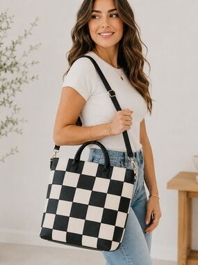Pretty Simple Courtney Tote Woven Vegan Leather Checkered Black/White